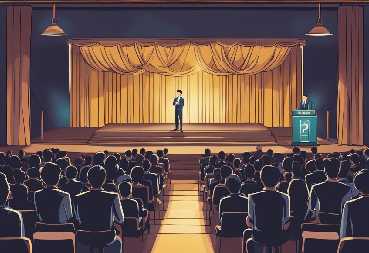 A spotlight illuminates a microphone on stage, as the audience eagerly awaits. A sign in the background reads "Frequently Asked Questions: Singapore Actor."