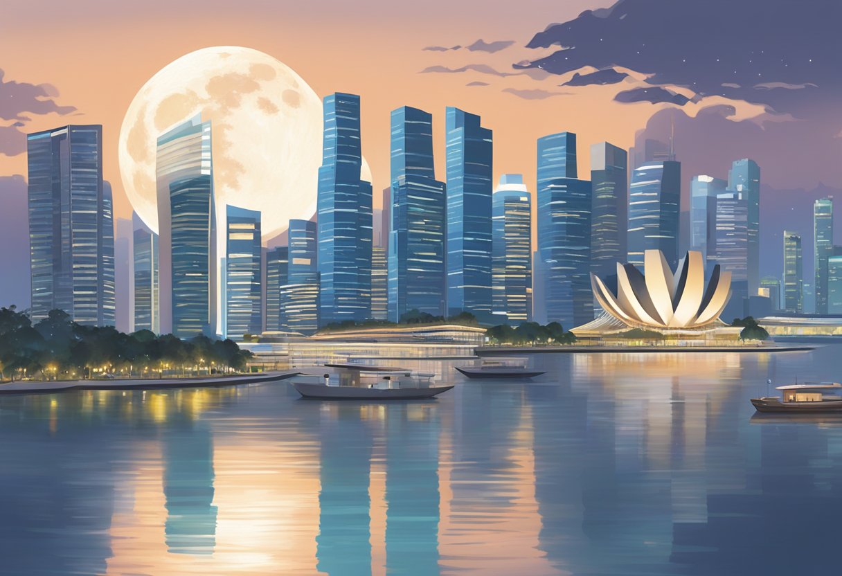 The moon rises over the Singapore skyline, casting a soft, ethereal glow over the city's iconic landmarks and reflecting on the calm waters below