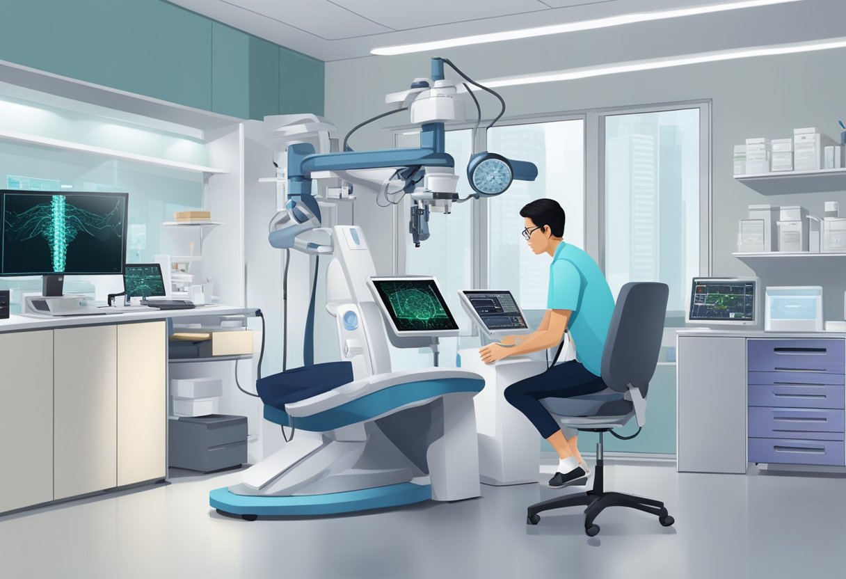 A neurologist in a modern Singapore clinic, surrounded by advanced medical equipment and technology, conducting a neurological assessment