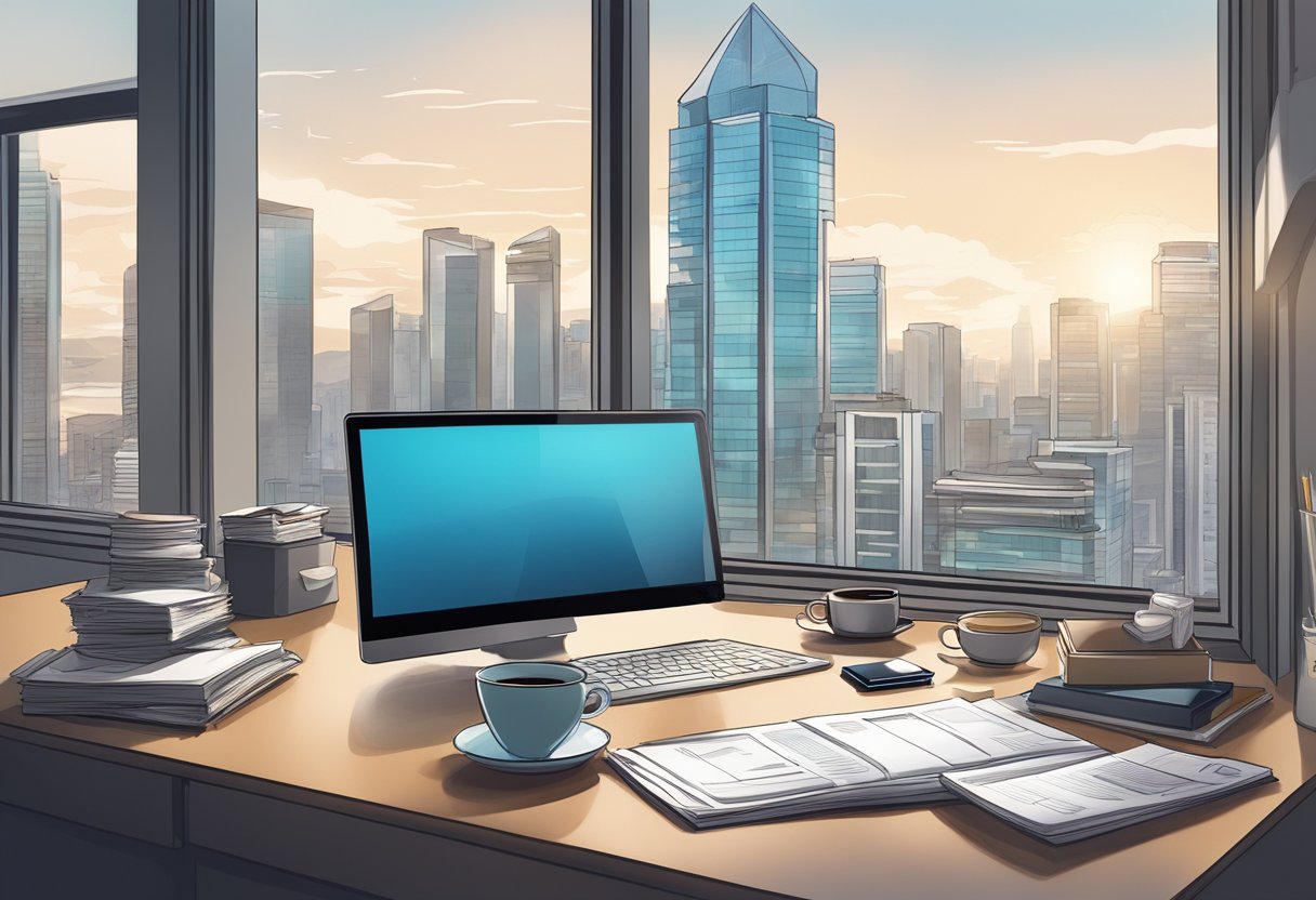 A cluttered office desk in Singapore with a laptop, paperwork, and a cup of coffee. The desk is situated near a window with a view of the city skyline