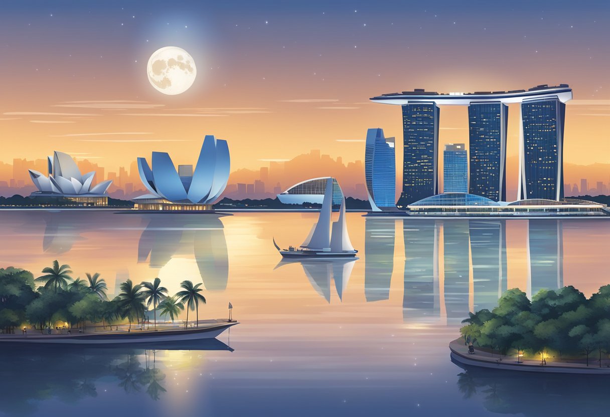 The moon rises over the Singapore skyline, casting a soft glow on the city's iconic landmarks and reflecting off the calm waters of the bay