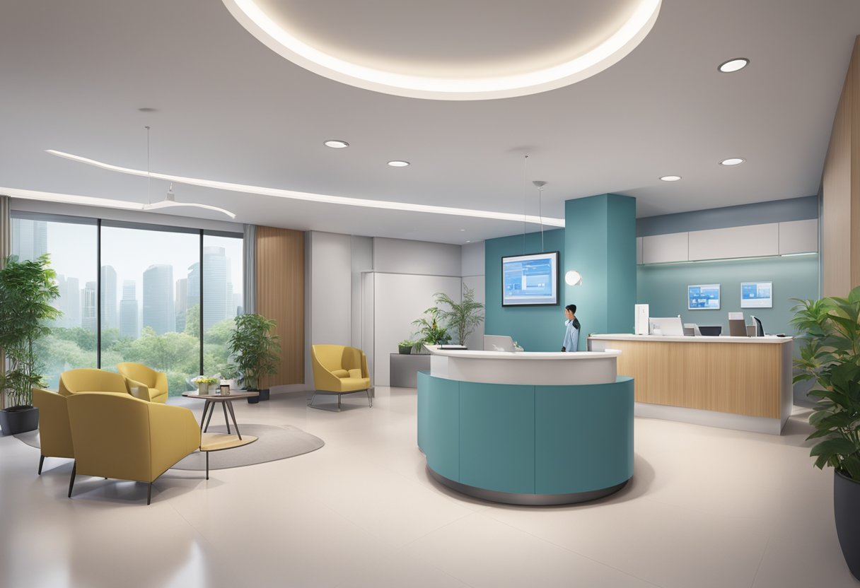 A neurologist in a modern Singapore clinic, with medical equipment and a welcoming reception area