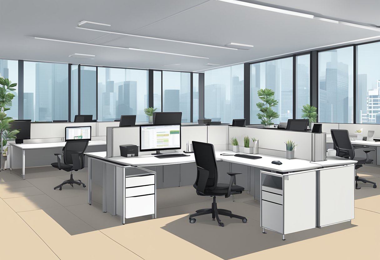 A variety of office desks in a Singapore workspace, including standing desks, L-shaped desks, and adjustable height desks