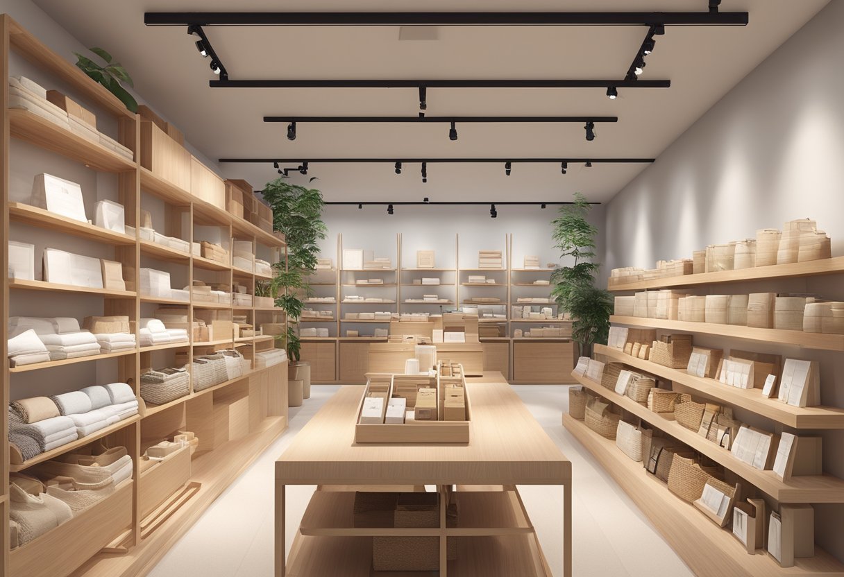 A serene Muji outlet in Singapore, with minimalist decor and shelves neatly displaying a variety of products and experiences for sale