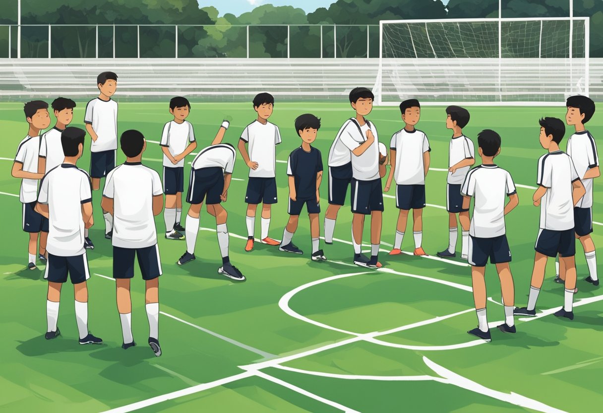 Players training on a well-maintained field at a football academy in Singapore. The coach is giving instructions as the players practice various drills