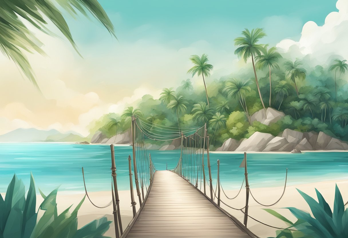Palawan Beach, Singapore: White sand, clear turquoise water, palm trees, and a rope bridge leading to a small tropical island