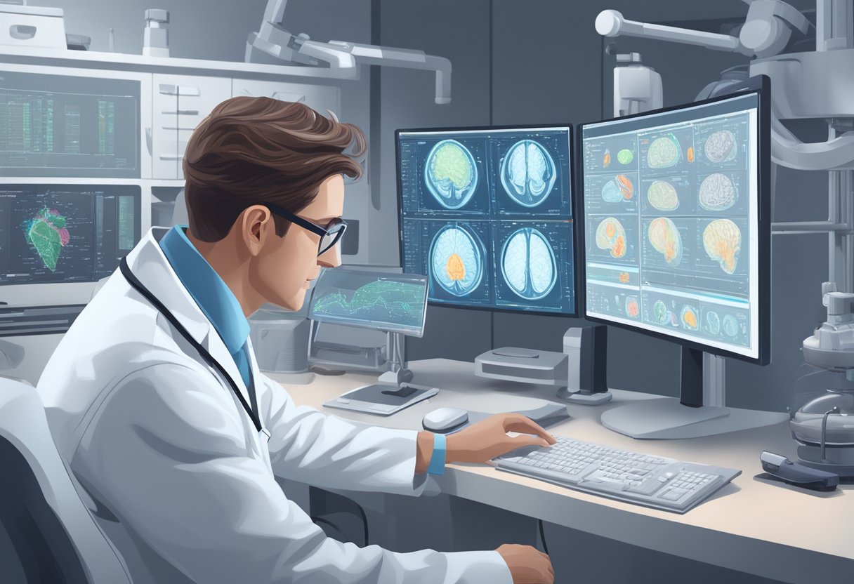 A neurologist in a white lab coat examines a brain scan on a computer screen, surrounded by medical equipment and charts