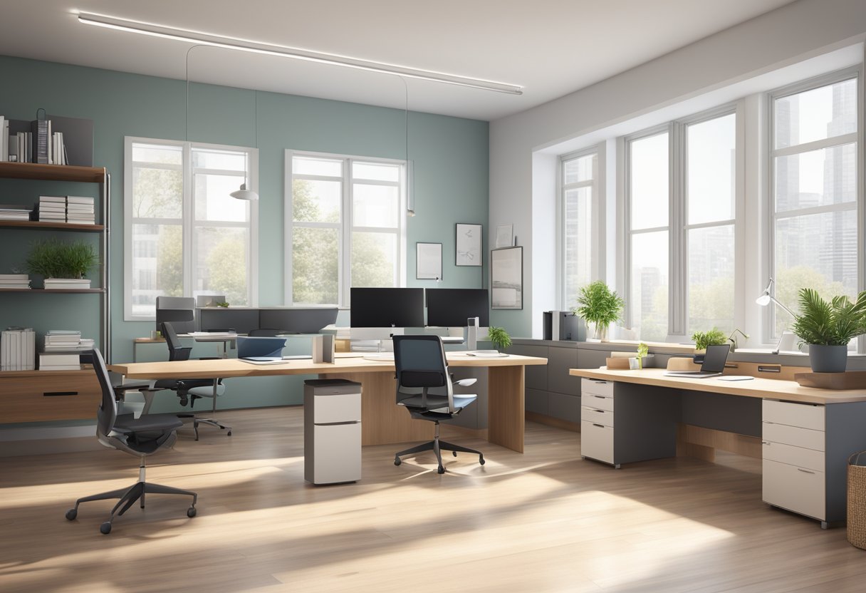 A sleek, modern office desk in a spacious, well-lit room with ergonomic chairs and organized storage solutions