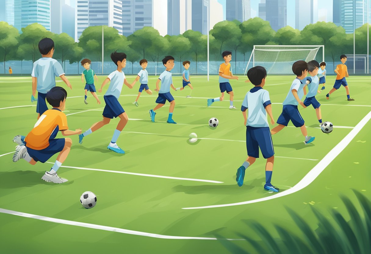 A group of young athletes train on a well-maintained football field in Singapore, surrounded by state-of-the-art facilities and coaches guiding them through drills and exercises