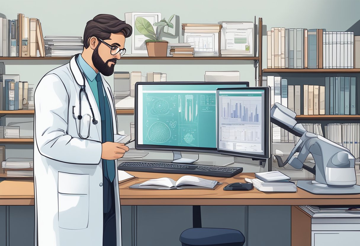 A neurologist in a white coat standing next to a desk with a computer, surrounded by medical books and diagrams