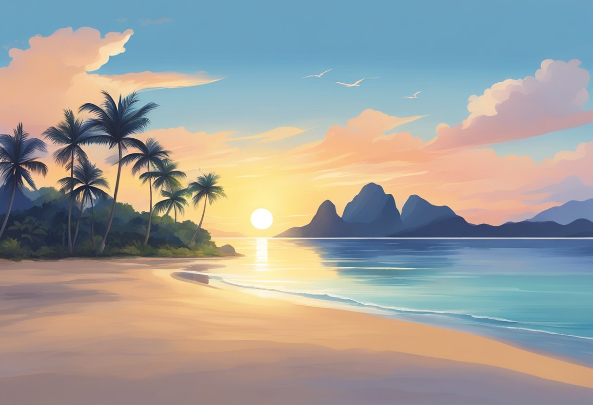 Sunset over the calm waters of Palawan Beach, with palm trees swaying in the gentle breeze and a clear blue sky above