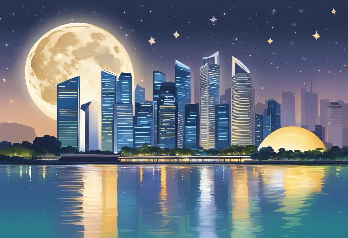 The moon rises over the Singapore skyline, casting a soft glow over the city as stars twinkle in the night sky