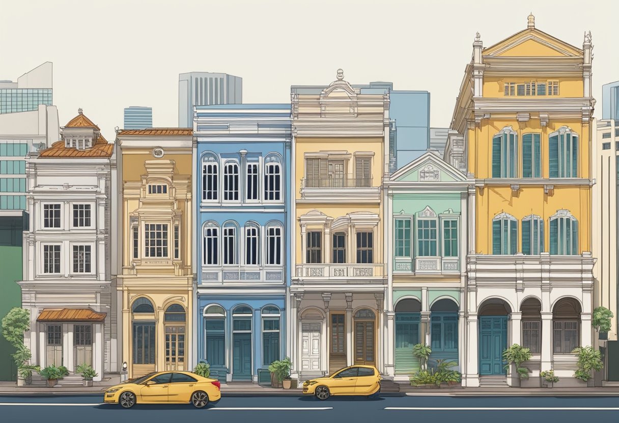 The historical evolution of Singapore architecture, from traditional shophouses to modern skyscrapers, showcasing a blend of colonial and contemporary influences