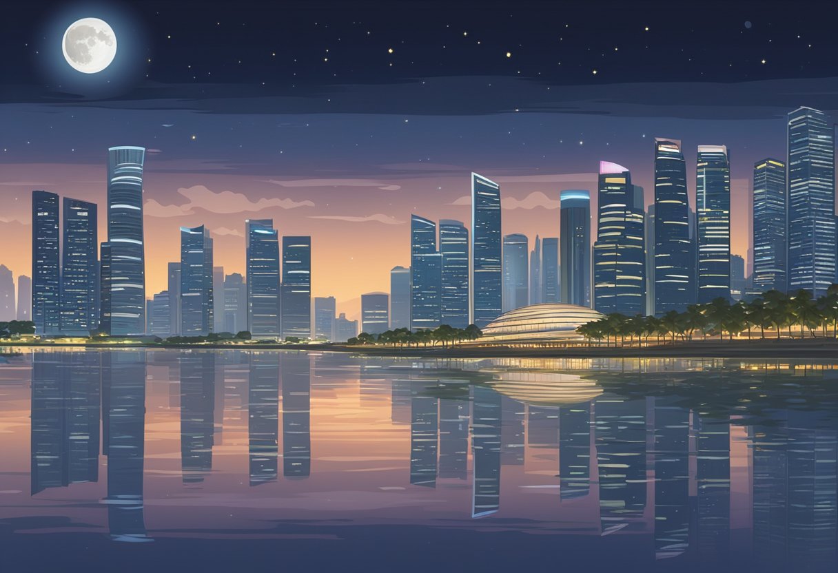 The moon rises over the iconic cityscape of Singapore, casting a soft glow over the urban landscape. The city lights twinkle as the moon ascends into the night sky