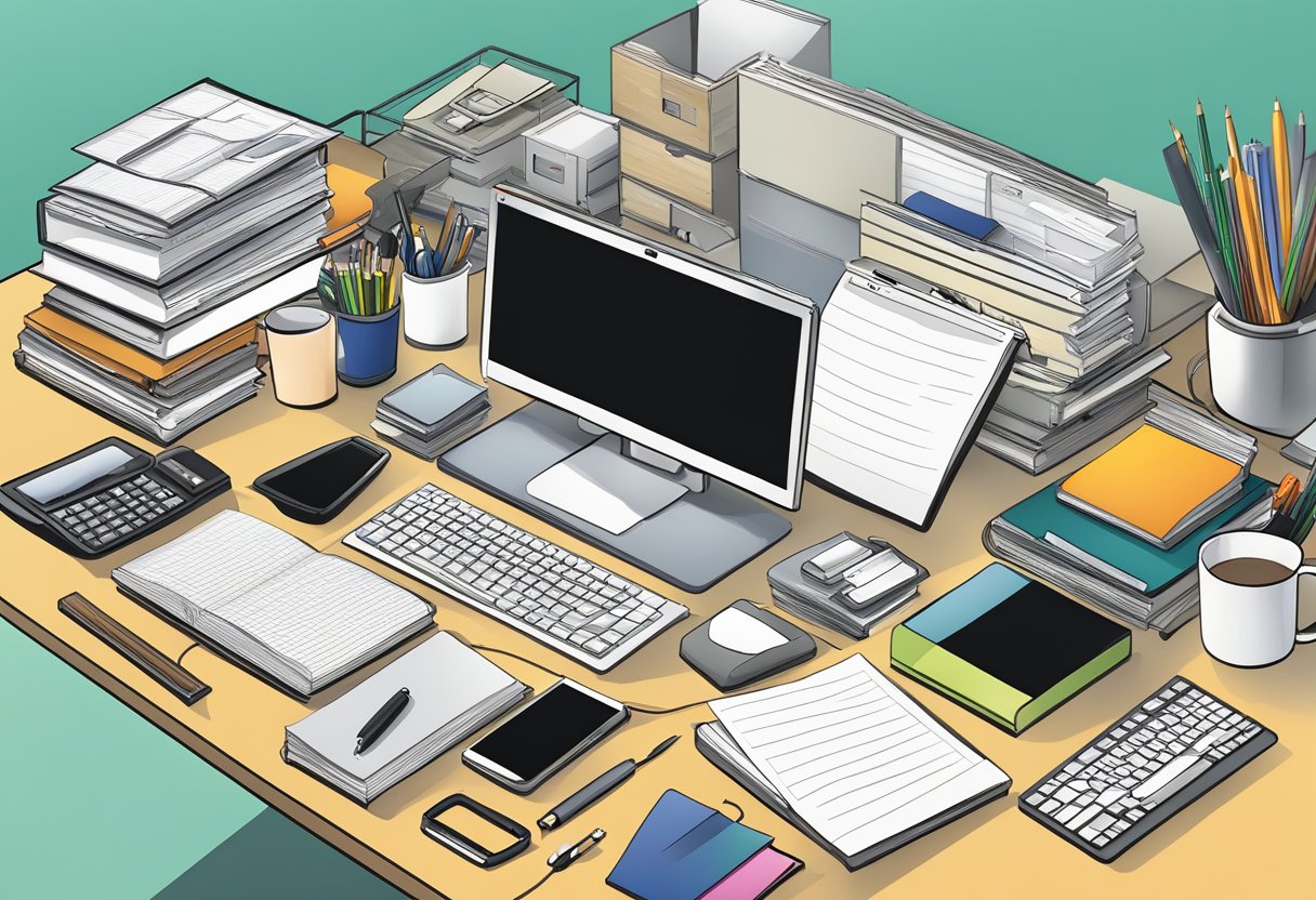 A cluttered office desk in Singapore with a computer, phone, papers, and office supplies