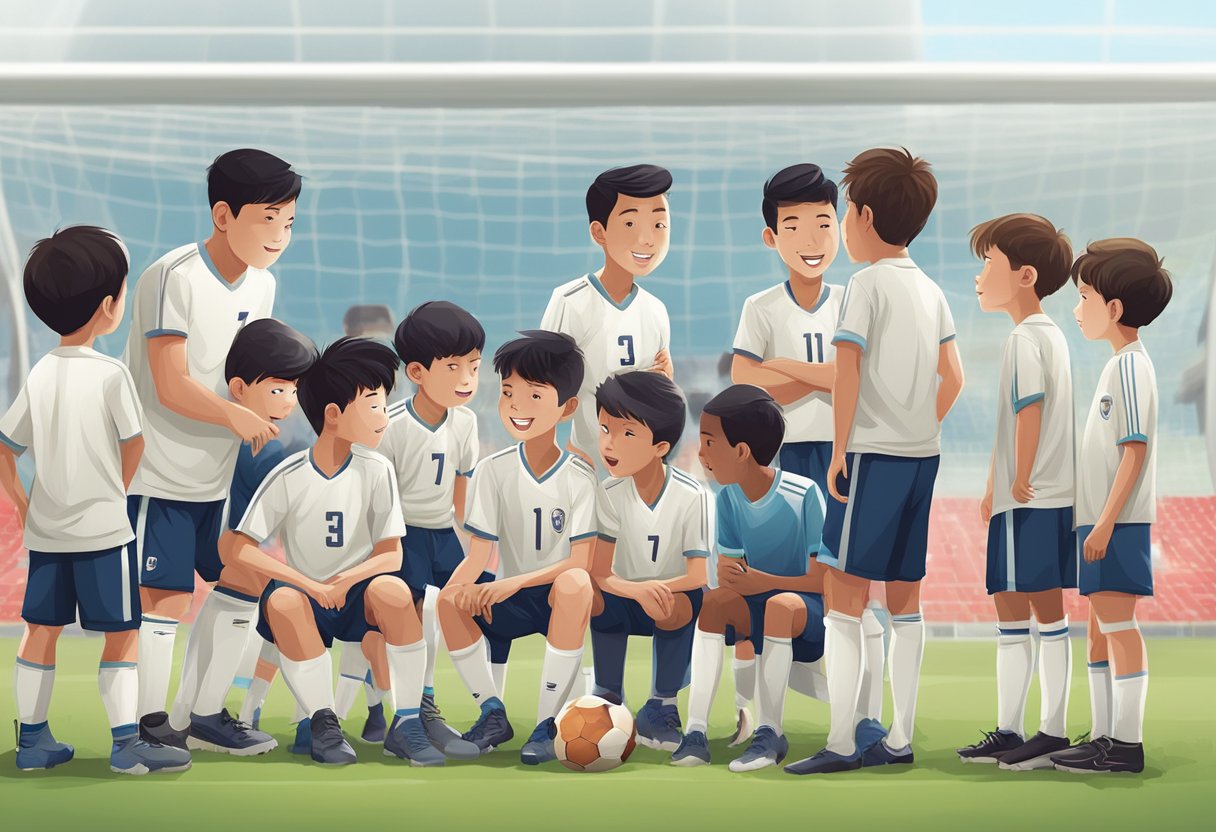 A group of young football players gather around coaches, asking questions at the Singapore football academy