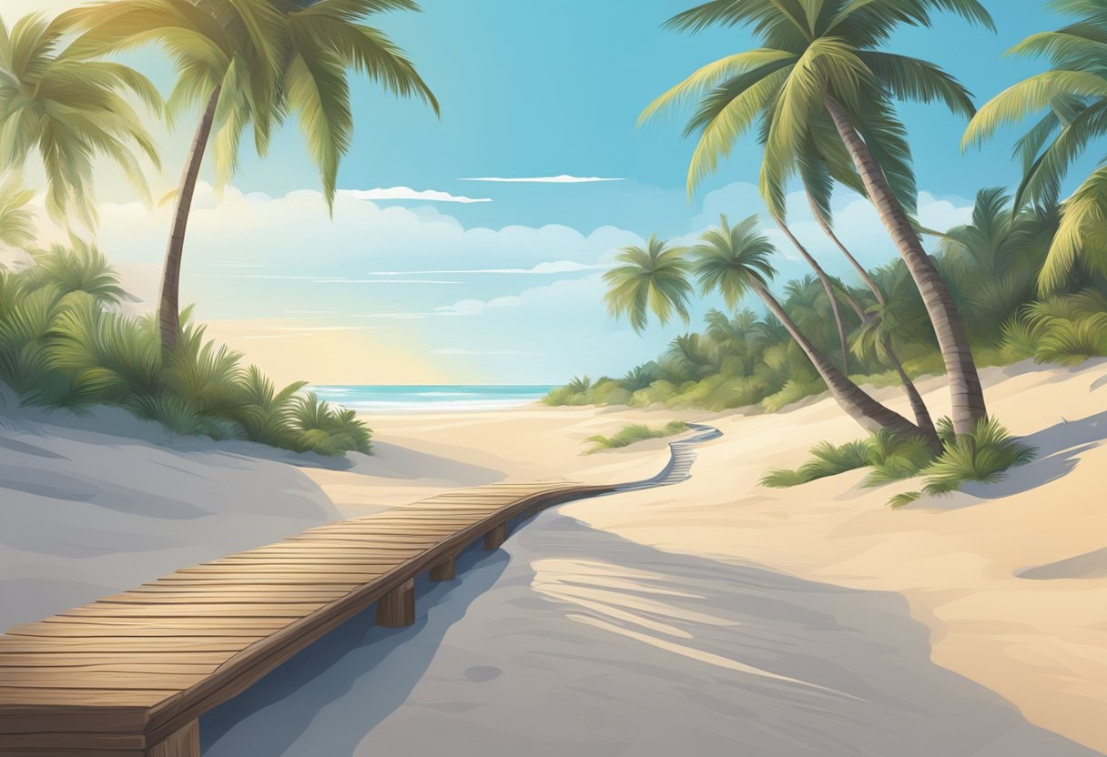 Palm trees line the sandy shore as waves gently crash onto the beach. A wooden boardwalk leads to a clear blue sea