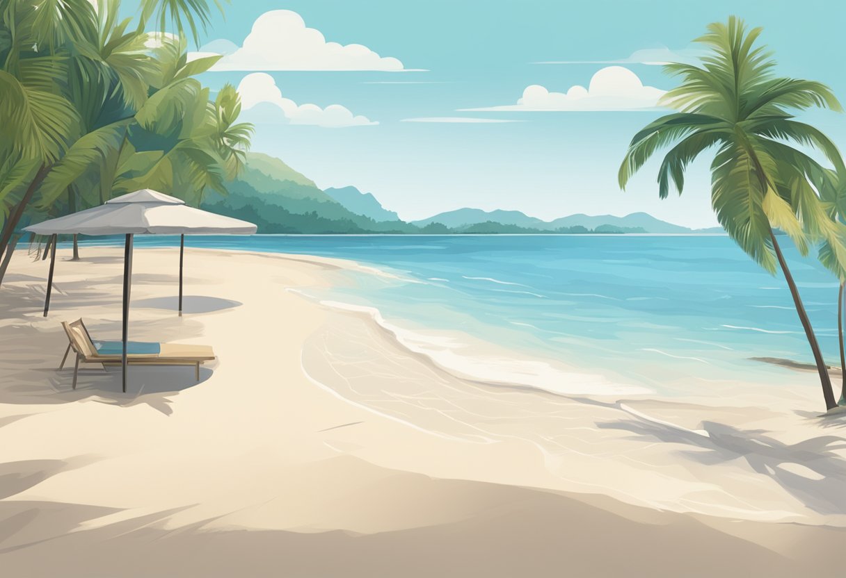 A serene beach with clear blue waters, palm trees swaying in the breeze, and a stretch of white sand. A sign reading "Frequently Asked Questions Palawan Beach Singapore" is prominently displayed