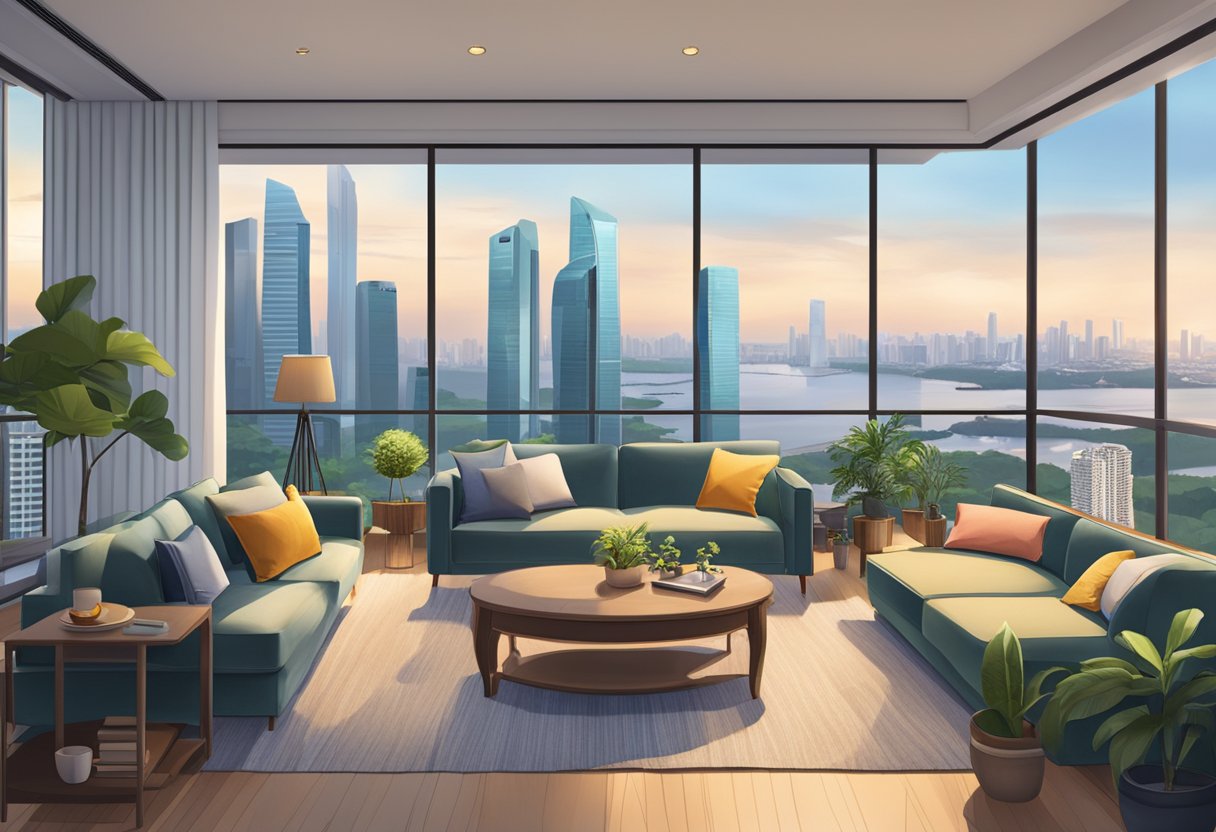 A cozy living room with a view of the Singapore skyline through large windows, showcasing modern furniture and traditional decor