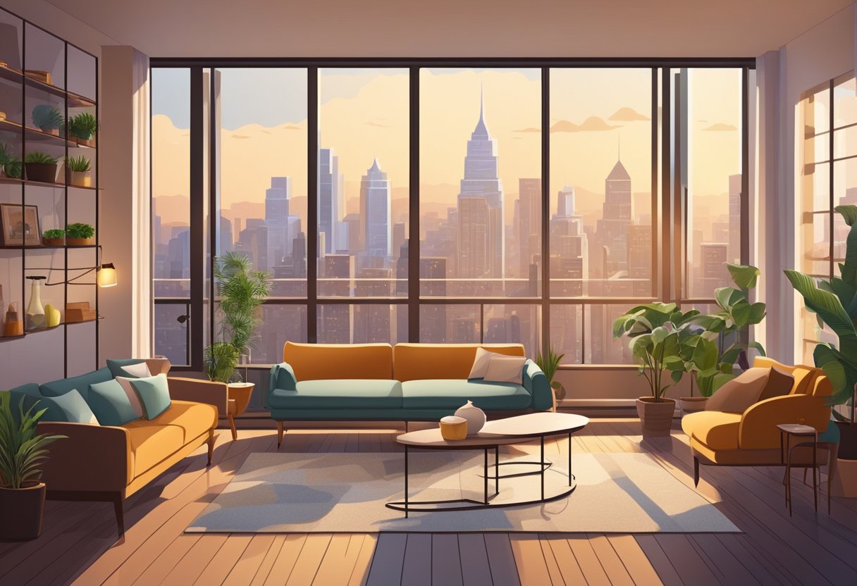 A cozy living room with a large window overlooking a bustling city. A warm, inviting atmosphere with comfortable furniture and vibrant decor