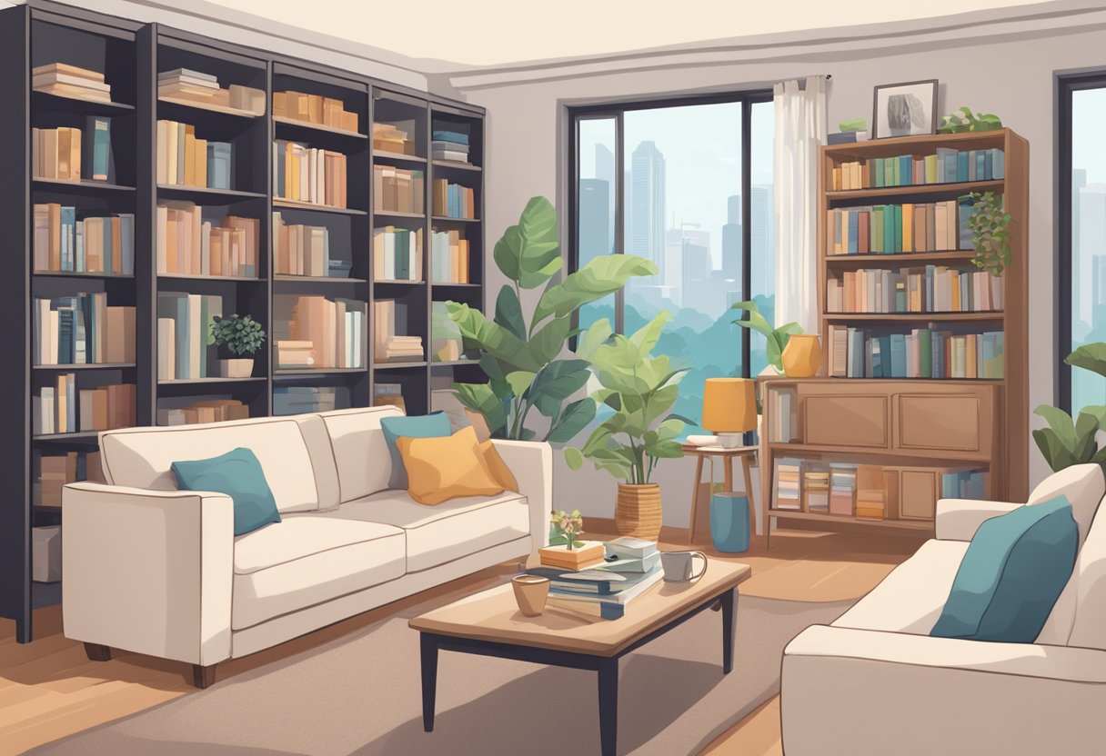 A cozy living room with a comfortable sofa, a bookshelf filled with travel guides, and a welcoming sign that reads "Frequently Asked Questions homestay singapore."