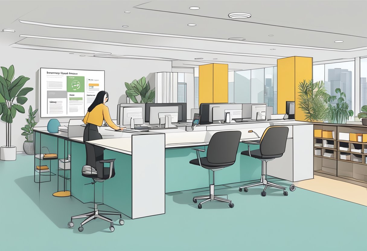 A customer service desk with a sign reading "Frequently Asked Questions" at the Herman Miller store in Singapore