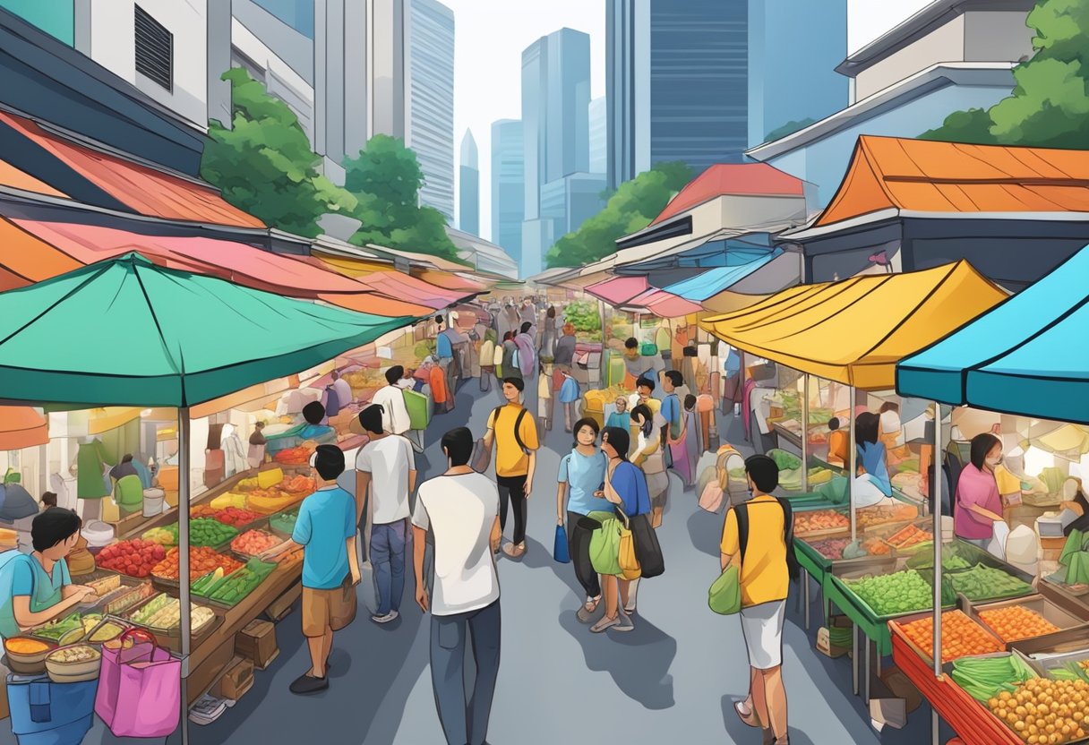 A bustling Singapore street market with colorful stalls and busy shoppers, surrounded by modern skyscrapers and traditional shophouses