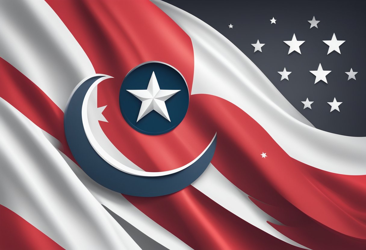 A red and white flag with a crescent moon and five stars