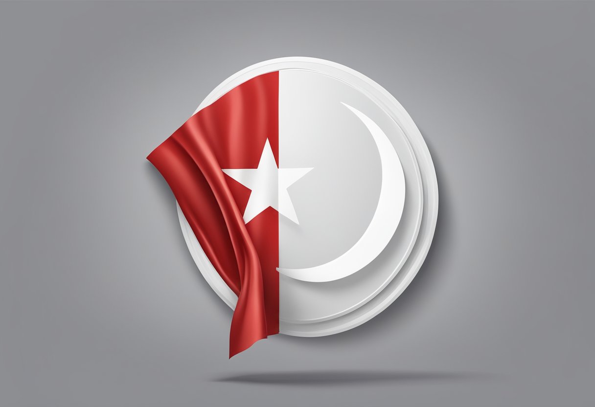 A red flag with a white crescent moon and five white stars in a circle on the left side