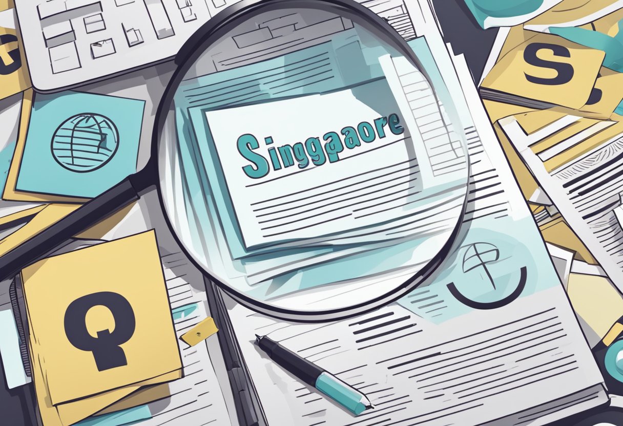 A stack of FAQ papers with "Singapore CPI" on top, surrounded by question marks and a magnifying glass