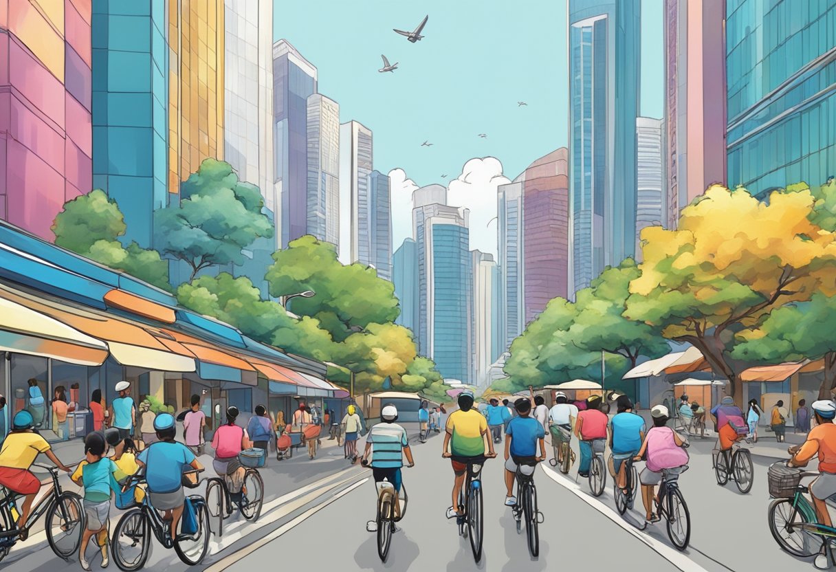 A bustling city street with towering skyscrapers and colorful, oversized bicycles lining the sidewalks, showcasing the unique and vibrant culture of Singapore