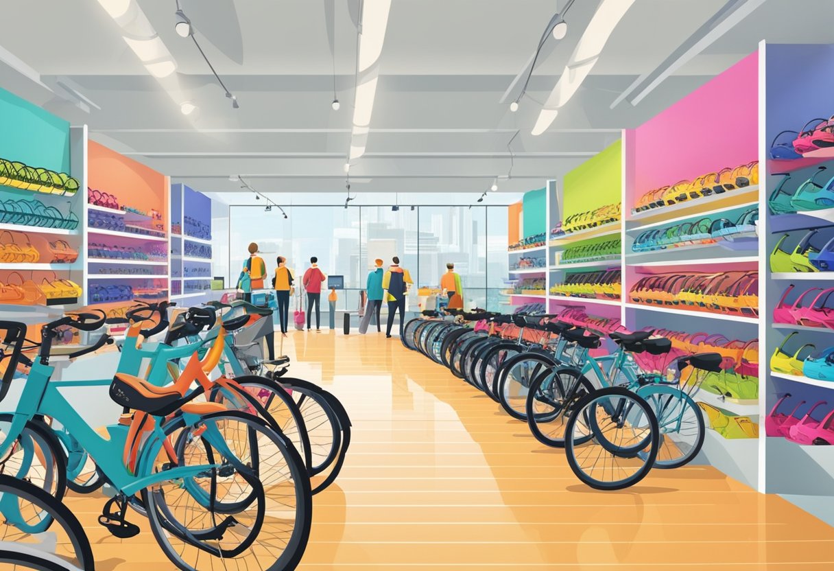 People exploring Giant Bikes store in Singapore. Rows of colorful bicycles and accessories on display. Bright and modern interior design