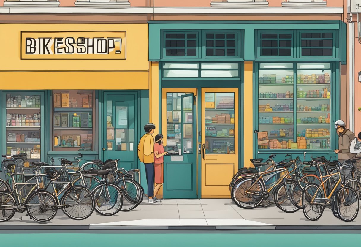 A bustling bike shop with customers browsing, a prominent "Frequently Asked Questions" sign, and a display of Giant bikes in Singapore