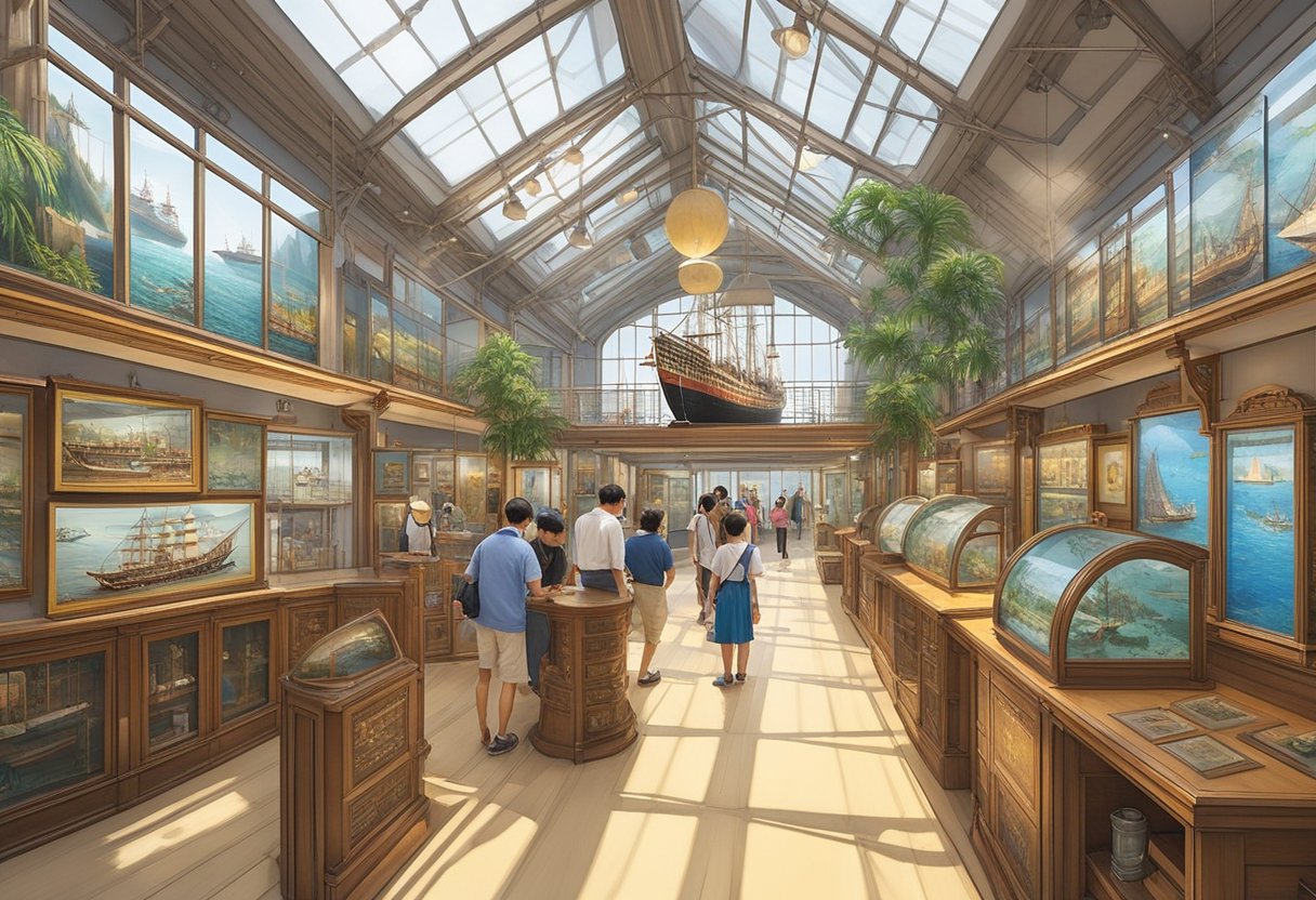 Sunlight filters through glass walls, illuminating historic ship models and maritime artifacts. Visitors wander among interactive exhibits and colorful displays, learning about Singapore's rich maritime history