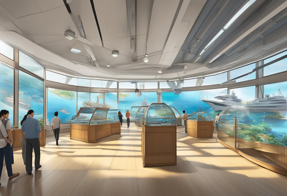 Sunlight streams through large windows, illuminating interactive exhibits and detailed ship models at the Visitor Information Singapore Maritime Gallery