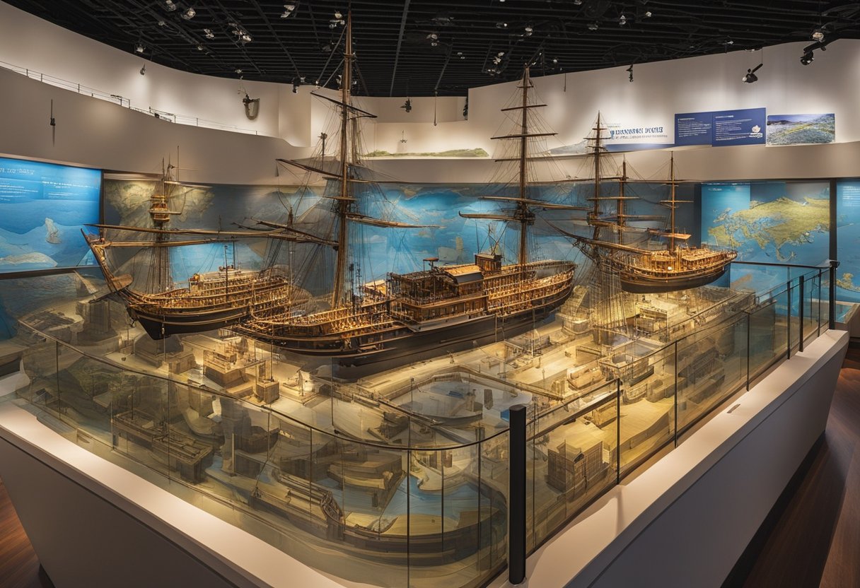 The Singapore Maritime Gallery buzzes with visitors exploring exhibits and interactive displays. Ship models and historical artifacts line the walls, while a large map showcases the country's maritime history