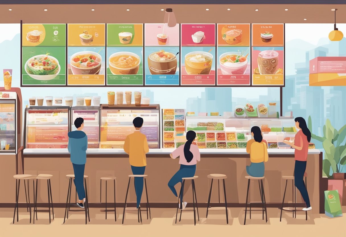 Customers browsing colorful menu boards at Gong Cha, with various drink options and toppings displayed