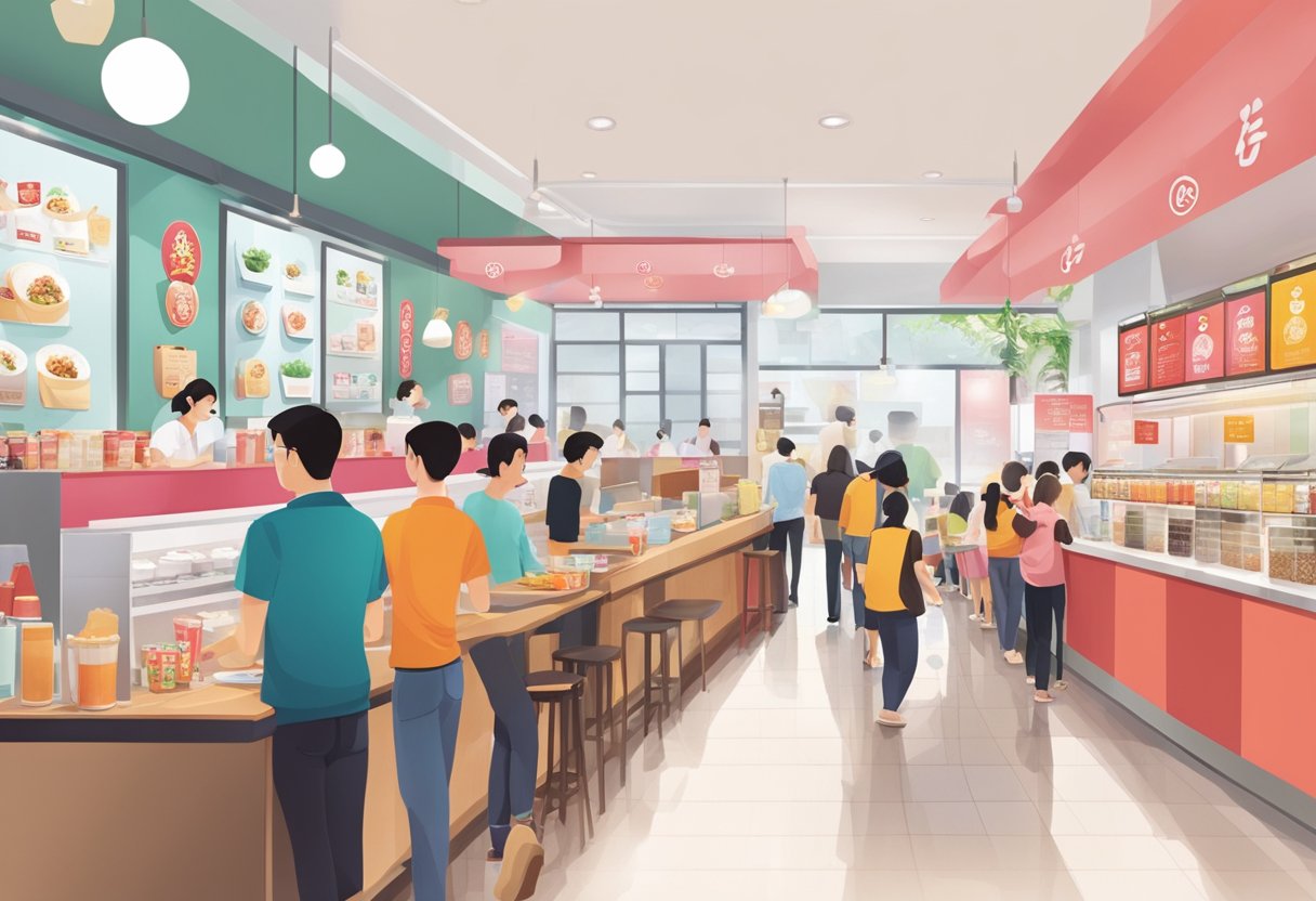 A bustling Gong Cha store in Singapore with a long queue of customers, colorful menu boards, and staff preparing drinks behind the counter