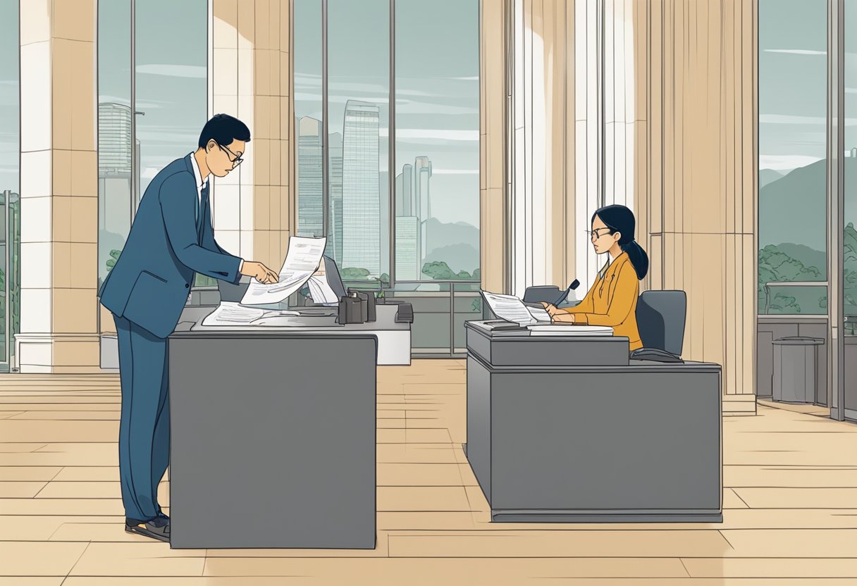 A person fills out passport renewal forms at a Singapore embassy desk