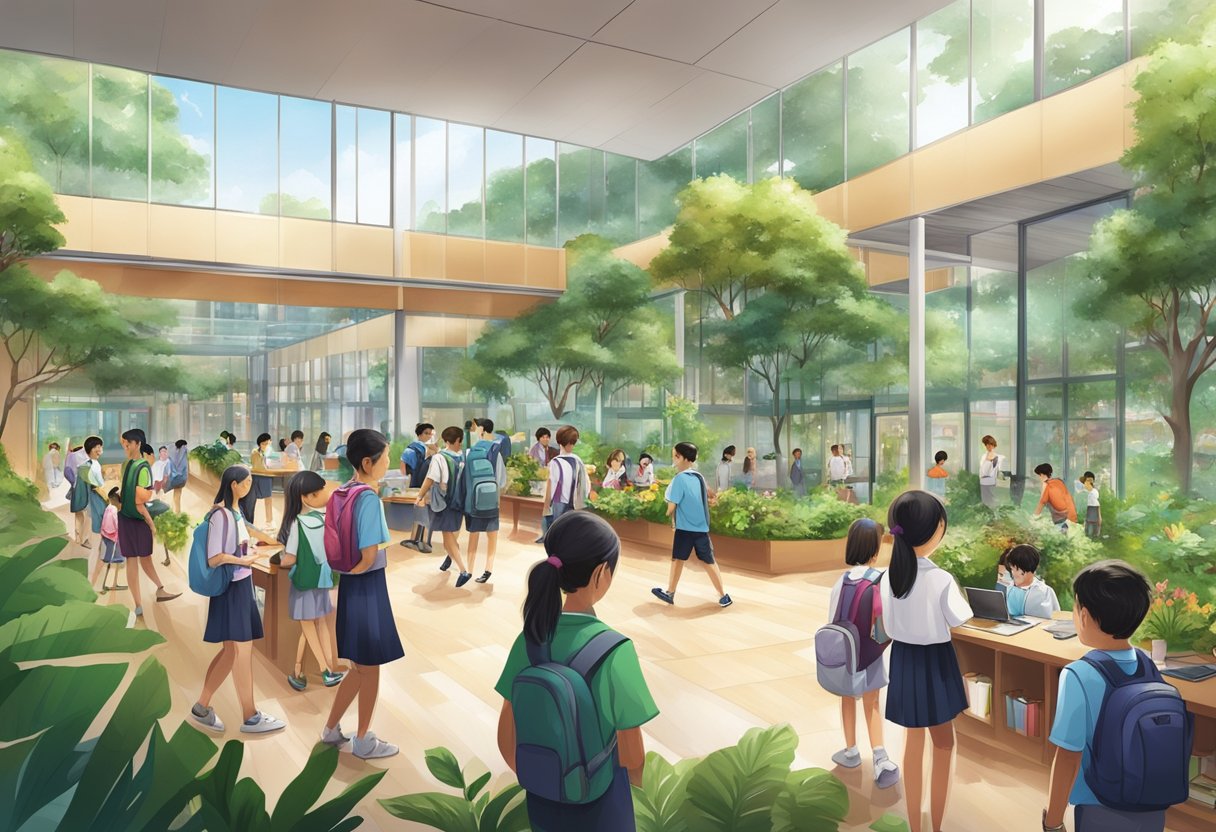 A bustling IB school in Singapore with students engaged in diverse activities, surrounded by modern facilities and lush greenery
