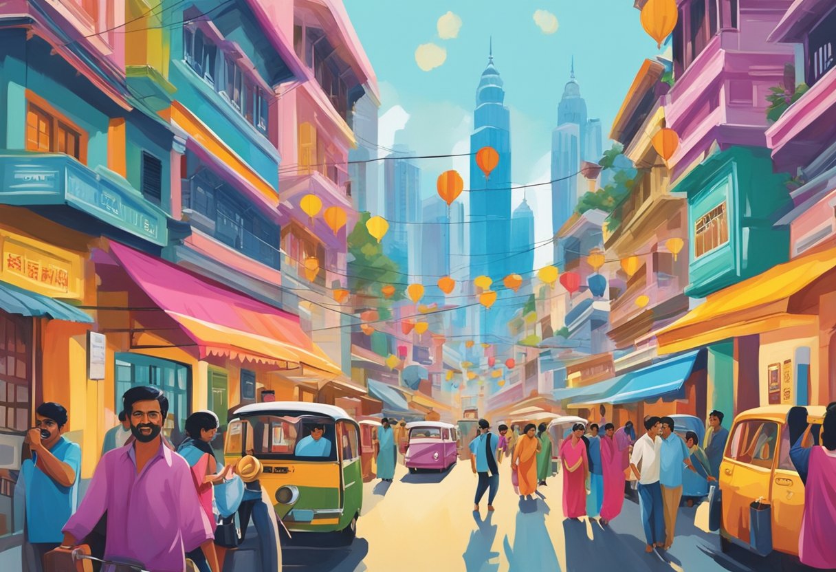 Colorful Indian movie posters line the bustling streets of Singapore, capturing the vibrant and lively spirit of Bollywood
