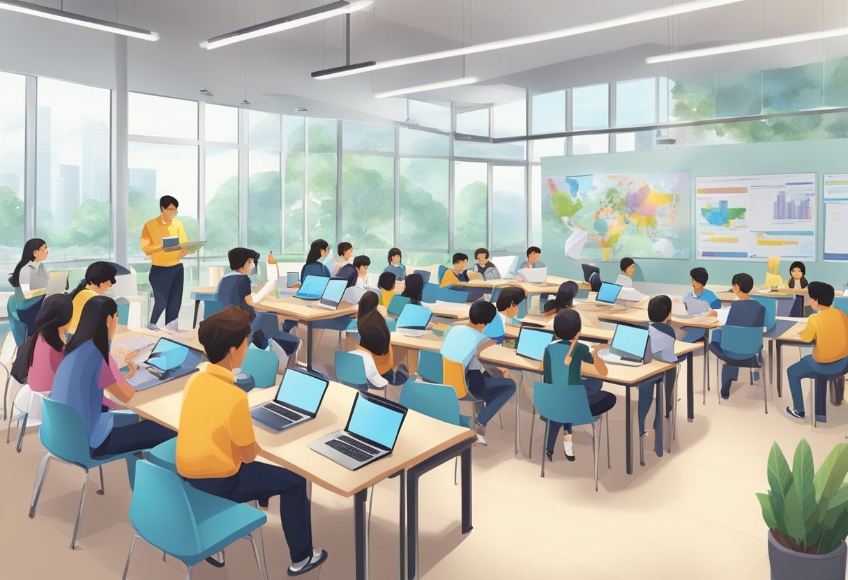 An IB school in Singapore, with students engaged in group discussions, surrounded by modern facilities and technology