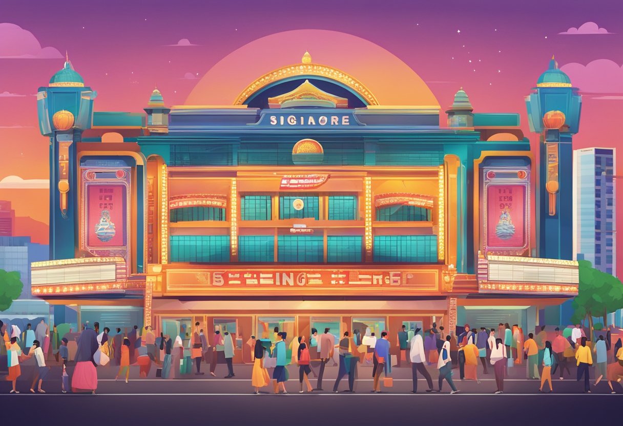 A bustling movie theater in Singapore showcases vibrant Indian cinema, with colorful posters and excited crowds