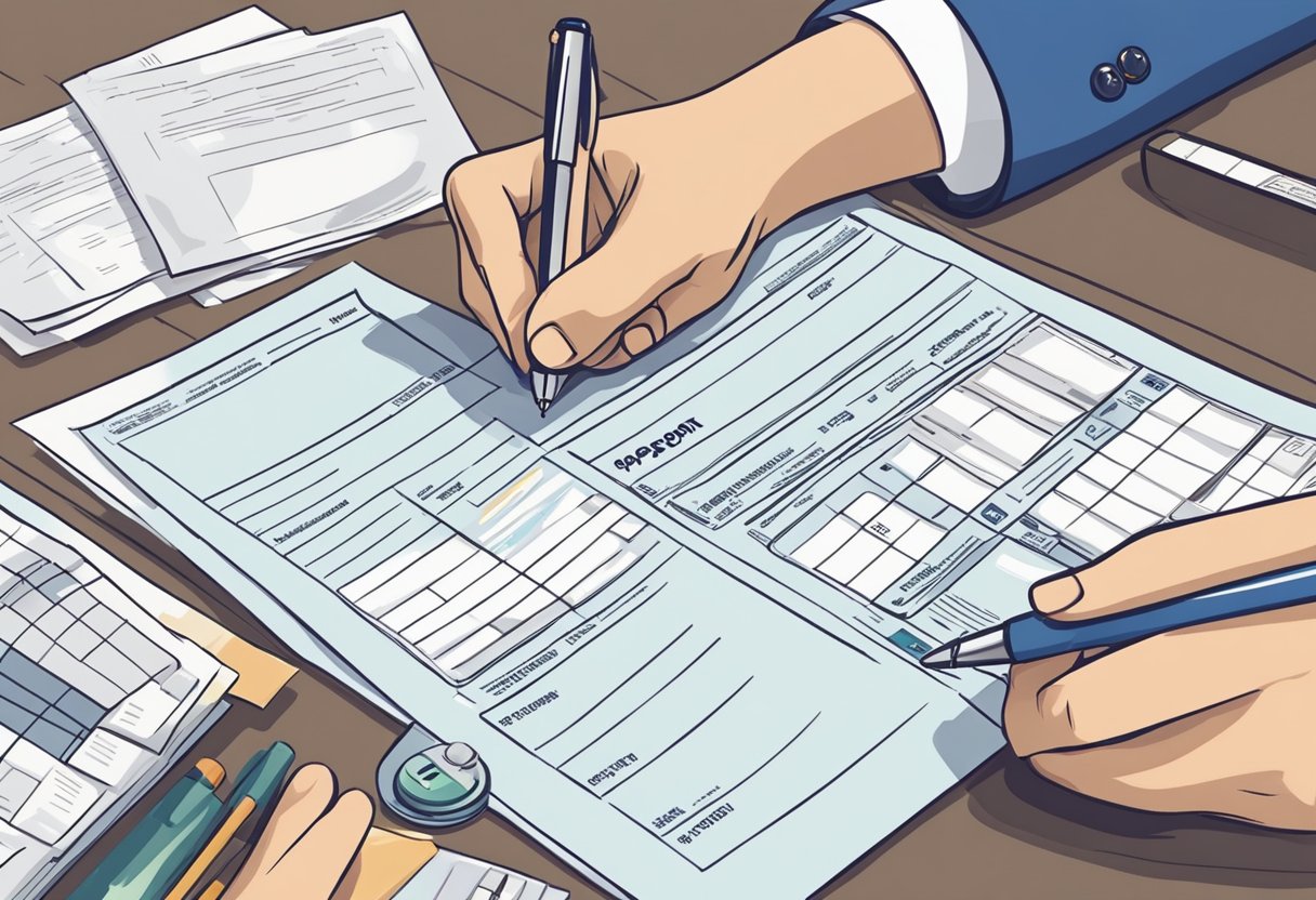 A person fills out passport renewal form at a desk with a pen and documents