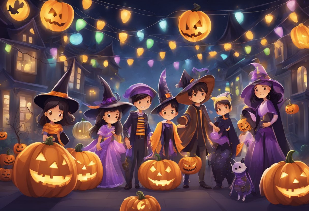 A vibrant Halloween outfit in Singapore, with colorful costumes, spooky decorations, and festive lights creating a lively and eerie atmosphere