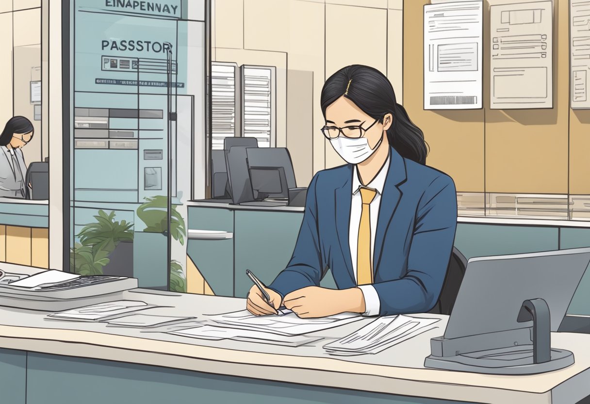 A person filling out a passport renewal form at a Singaporean embassy counter