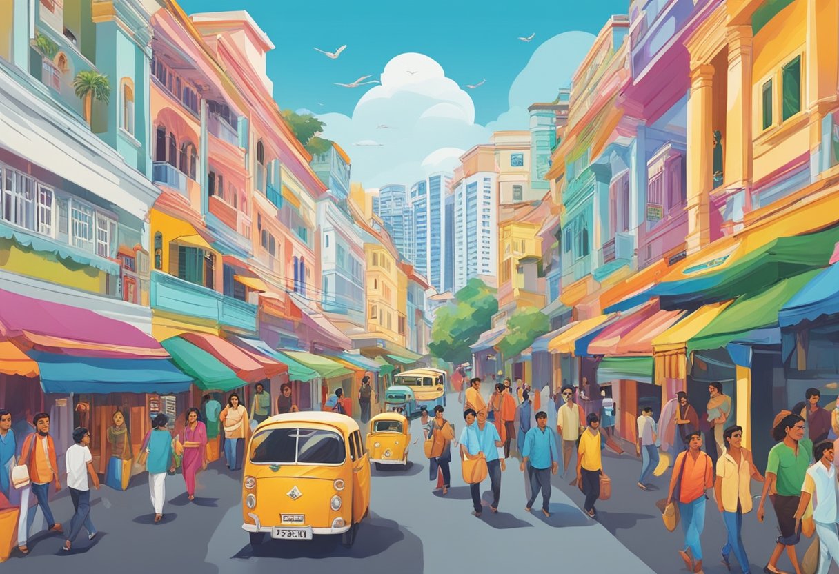 Vibrant Indian film posters line a bustling Singapore street, showcasing colorful movie scenes and captivating Bollywood stars