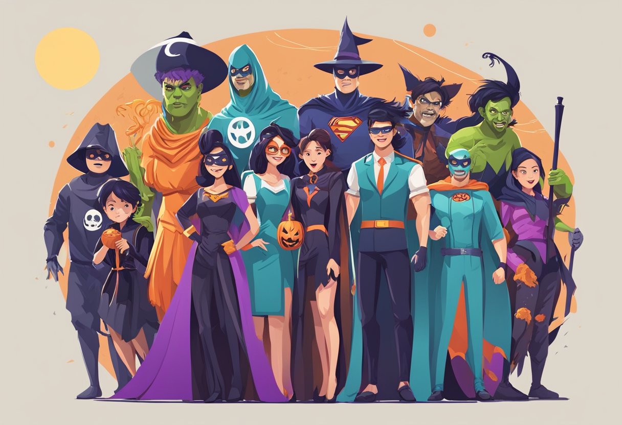 People in Singapore wearing Halloween costumes like superheroes, zombies, and witches. Bright colors and spooky accessories. Excited expressions and festive atmosphere