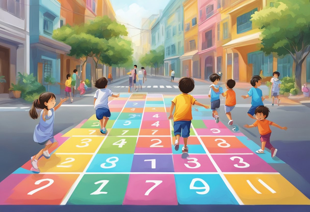Children play hopscotch on a colorful sidewalk in Singapore. The vibrant chalk squares and numbers contrast with the urban surroundings
