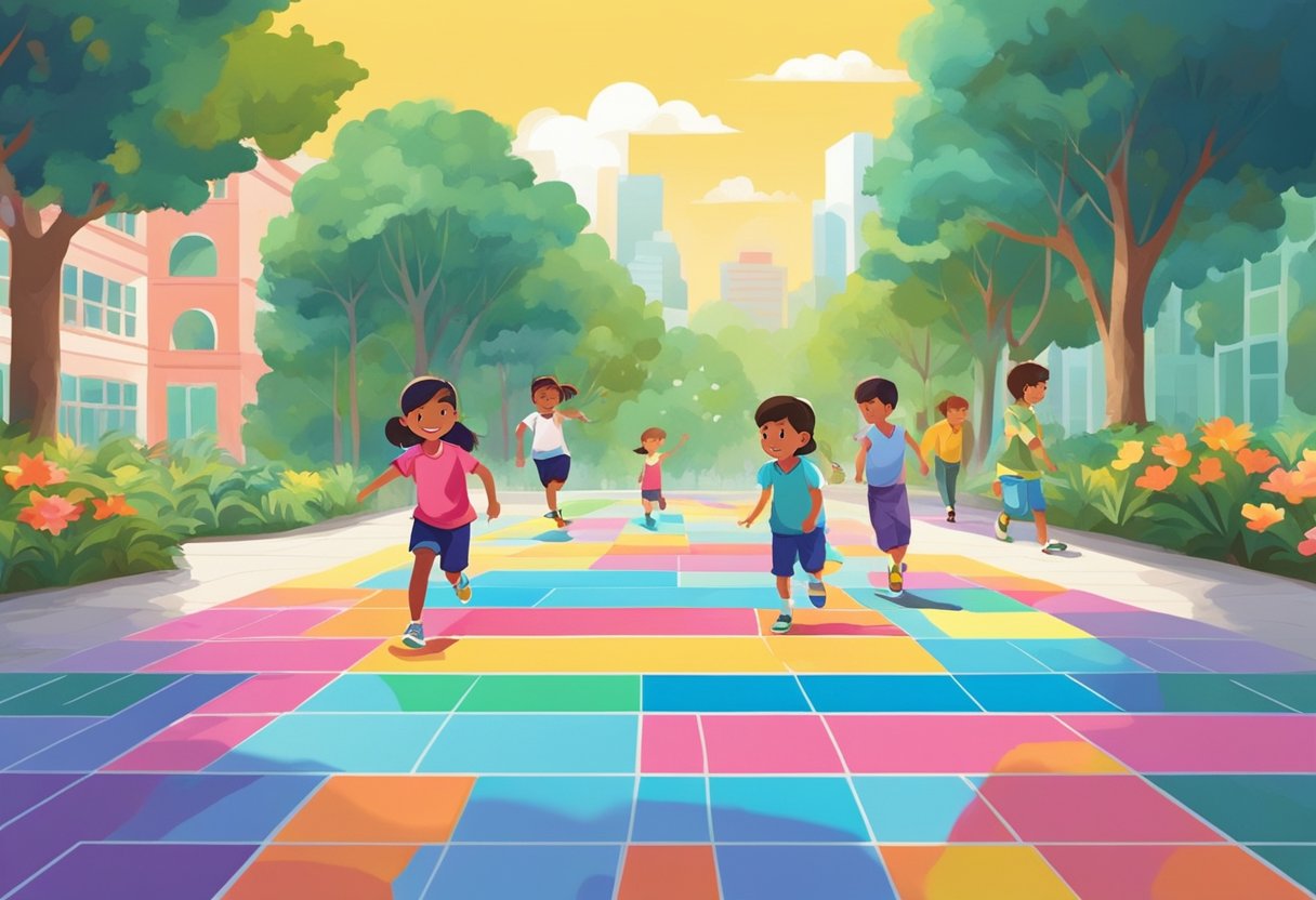 Children playing hopscotch on colorful pavement in a Singapore park. Bright, tropical plants and modern buildings in the background